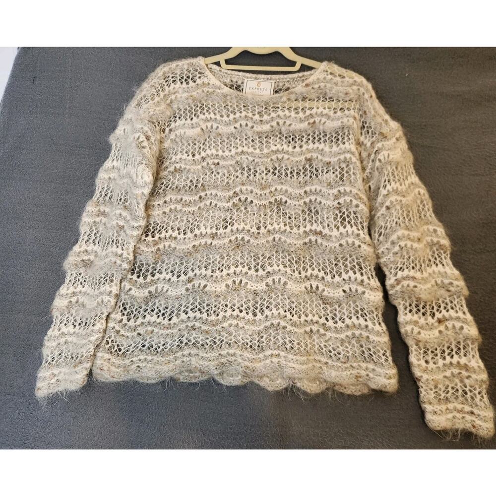Express Vtg 90s Tricot Fuzzy Mohair Blend Cream Gray Open Knit Sweater Women's M